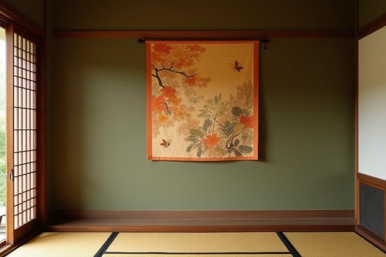 伝統的な旅館の一室を飾る、季節感あふれる掛け軸のようなテキスタイル